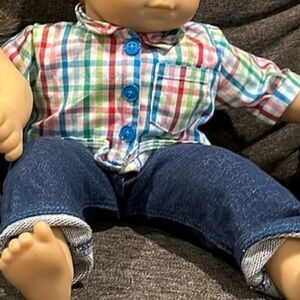 American Girl Doll Bitty Baby 2 pc Set Blue Plaid Shirt with Jeans Outfit